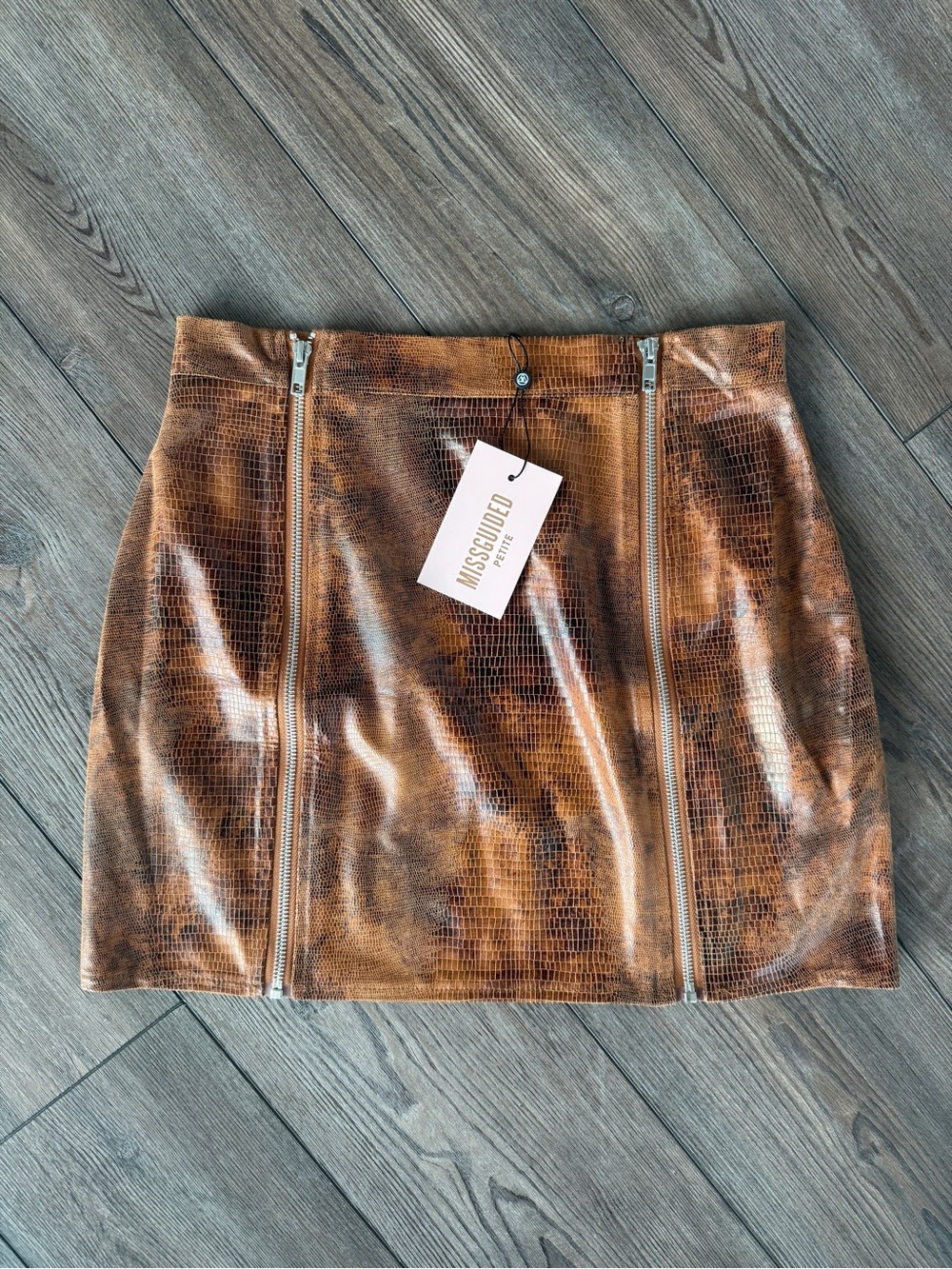 Missguided Petite Brown Croc PU Double Zip Mini Skirt